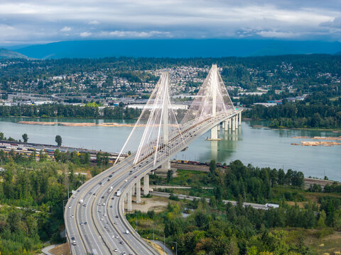 Aerial View Of Port Mann Cable-Stayed Bridge On Highway 1 Over Fraser River Near Surrey, Vancouver