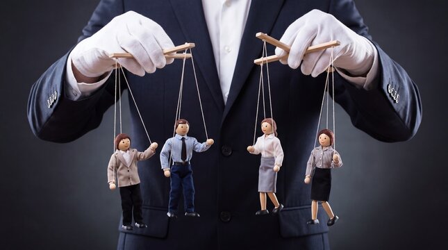 Man in suit and white gloves holding wooden marionette business people on strings. Boss controlling employees like puppets. Manipulation, power and control concept in corporate management.