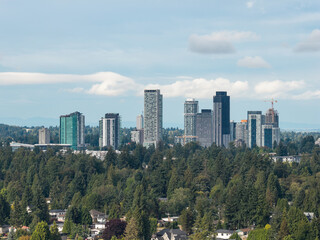 Naklejka premium Surrey Skyline With High-Rise Towers Over Evergreen Forests in Greater Vancouver British Columbia Canada