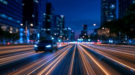 Fototapeta premium Autonomous car driving on smart city digital highway at night