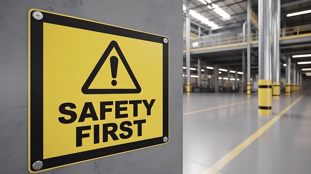 Yellow safety first warning sign with black triangle and exclamation mark mounted on a grey concrete pillar inside a large industrial warehouse