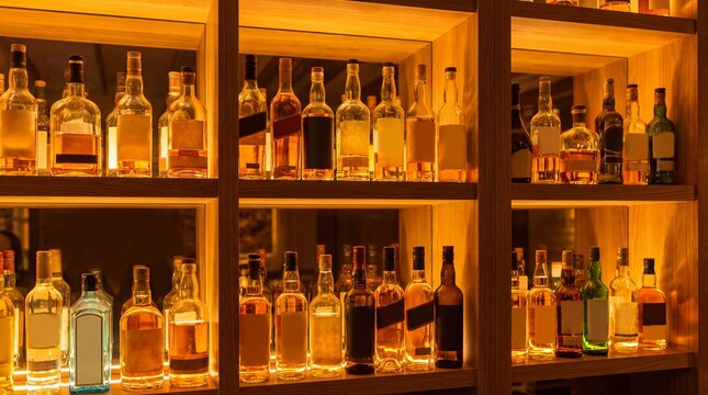 Shelves with various liquor bottles illuminated by warm golden light in bar. Whisky, brandy and other strong alcohol drinks collection on wooden