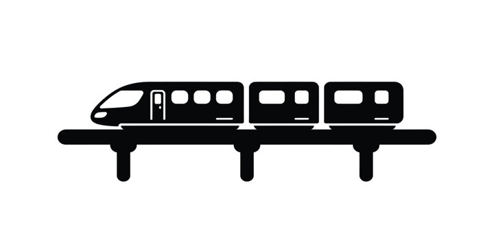 Modern monorail train travels on elevated track against a plain white background