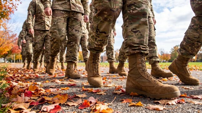 Soldiers in camouflage uniform and combat boots marching on autumn road with fallen leaves. Military service, army training and patriotism concept. Veterans day and memorial day background.
