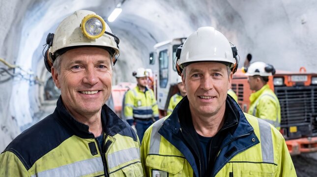 Two smiling male miners in safety helmets standing in underground tunnel. Team of workers in reflective jackets with heavy machinery on