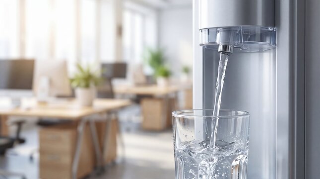 Water cooler dispenser pouring fresh drinking water into glass on blurred office background. Hydration and healthy lifestyle at workplace. Clean pure water concept for business environment.