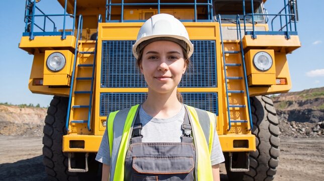 Woman engineer in hard hat and safety vest standing in front of large mining dump truck at quarry. Heavy industry and mining work. Female worker in construction and extraction career concept.
