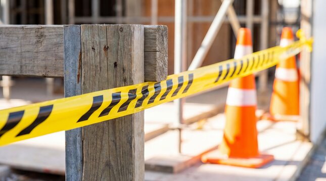 Yellow warning tape and orange traffic cones on construction site. Safety barrier around restricted work zone area. Building renovation and roadwork caution concept for industrial security.