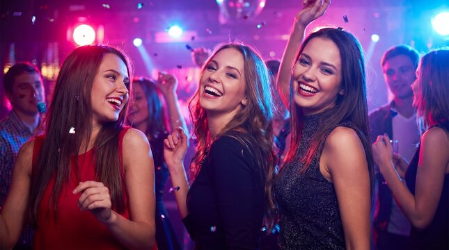 Young women dancing and laughing in nightclub with confetti and neon lights. Happy friends having fun at party celebration. Nightlife entertainment, weekend clubbing and holiday event concept.