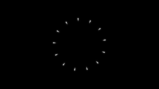Celebration firework circle burst cartoon animation with white line, flat, vector minimalist, animated geometric burst loading icon element with radial lines bursting on dark screen background. 4k
