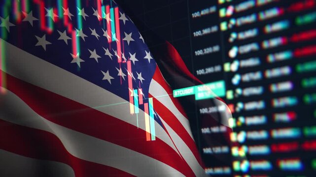 A dynamic timelapse video featuring fast moving stock market candlestick bars blended with a waving American flag, representing US economy, financial markets, and Wall Street trading.