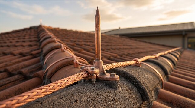 Copper Lightning Rod and Cable System on Tiled Roof