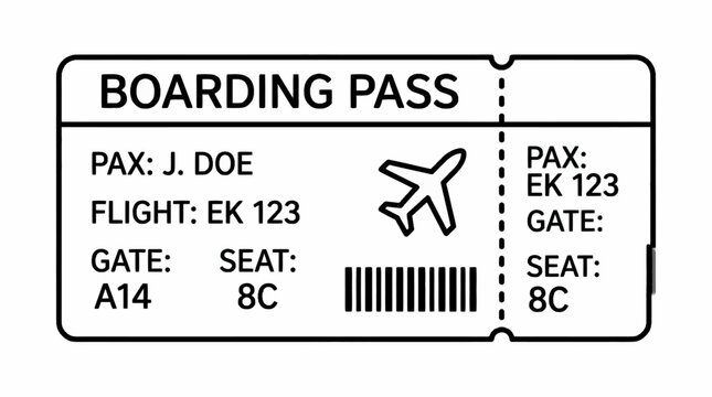 Airline boarding pass with passenger details and flight EK 123 outline icon vector illustration
