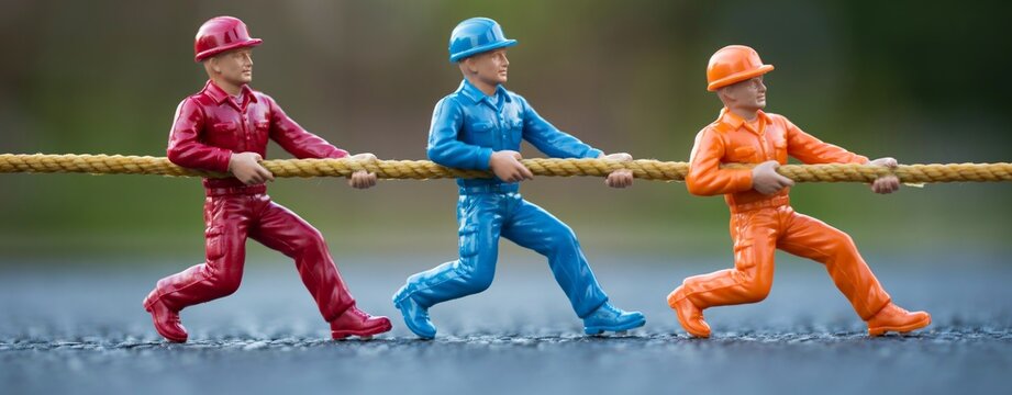 Three miniature construction workers in red, blue, and orange pulling a thick rope toy figures tug of war