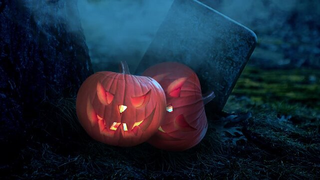 Ghost Pumpkin Smoke Halloween Background Spooky Jack Lantern with Creepy Ghost, Fog and Mist Effects, Dark Haunted Scene, Horror Fantasy, Cinematic Halloween Motion Graphics