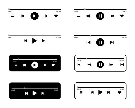 Set of minimalist music player interface icons and progress bars