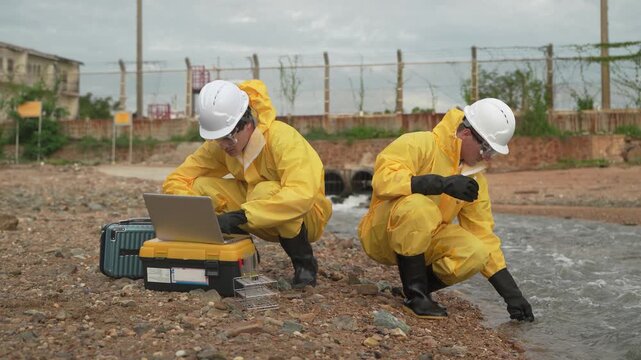 Environmental Scientists Sampling Water: Two environmental scientists in protective suits and hard hats conduct water quality testing near a pipe outflow.