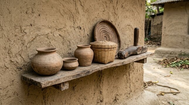 Handmade clay pottery and woven baskets displayed on a rustic wooden shelf attached to a textured mud wall