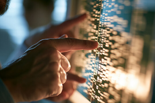 Examining chromosome karyotype on illuminated display in laboratory