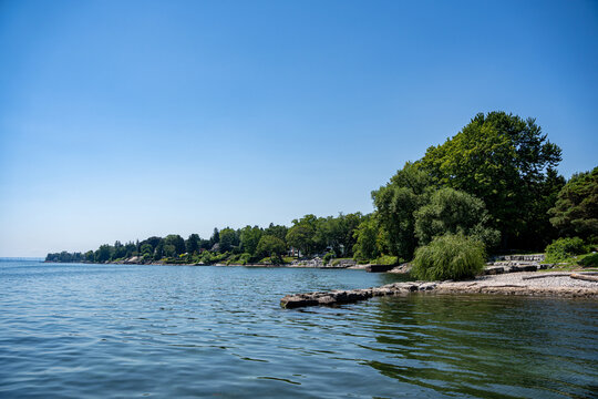 View of rocky Lake Ontario shoreline in Burlington.