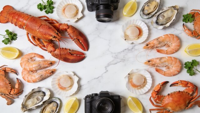 Gourmet Seafood Flat Lay with Photography Setup on White Marble