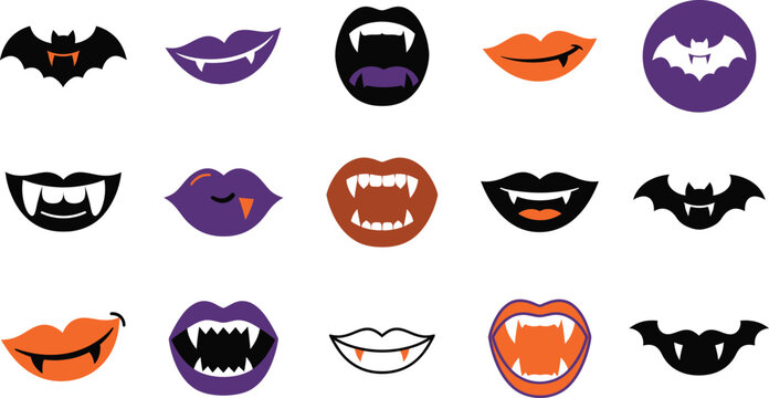 Set of halloween vampire lips and bat icons
