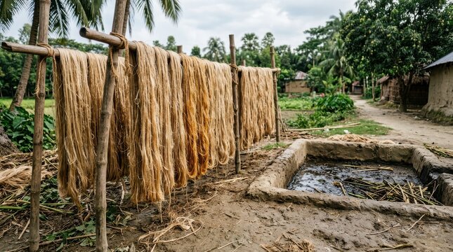 Jute fibers hanging to dry on a bamboo frame outdoors near a traditional retting pond in a rural village