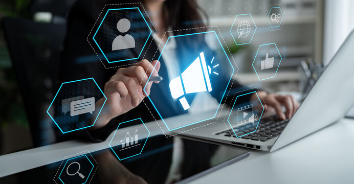 Digital marketing promotion strategy using megaphone, social media marketing, digital ads video content, communication, analytics, and global branding advertisement for business outreach Latch