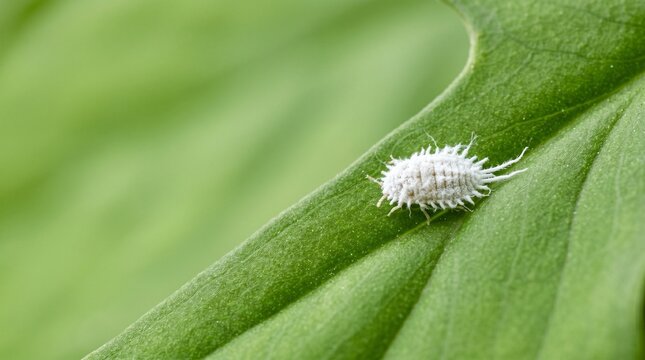 Mealybug on a green leaf in macro close up  