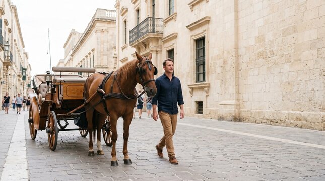 Man walking beside horse pulling carriage on old city street  