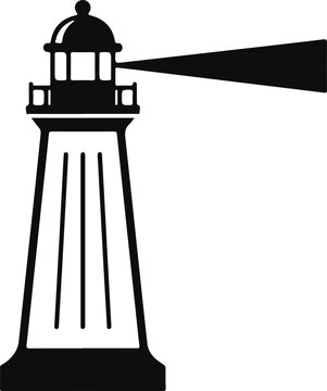 A simple black and white graphic illustration of a nautical lighthouse tower with a beam of light shining to the right