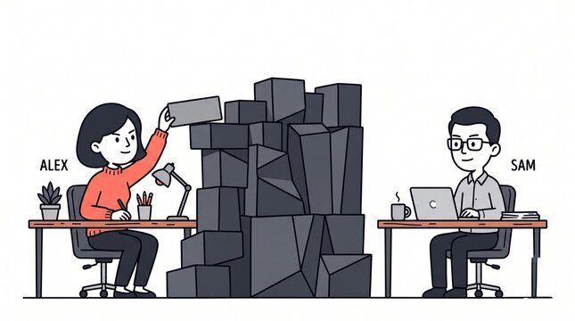 Vector illustration of two office workers separated by a massive wall of grey boxes blockading their communication.