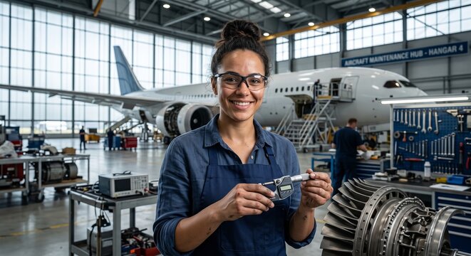 Female Aircraft Technician Smiling, Holding Turbofan Engine Blade with Micrometer for Maintenance check in Modern Hangar
