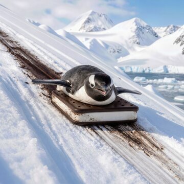 A playful penguin glides down a snowy slope on an ice cream sandwich, with majestic snow-covered mountains and glacial waters in the background