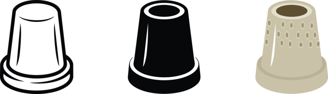 Sewing thimble illustrations featuring three distinct visual styles a clean outline, a solid black silhouette, and a detailed isometric colored version
