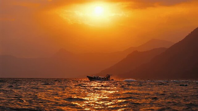 A boat on lake Atitl&aacute;n, passing through the frame in the distance with a beautiful sunset behind it