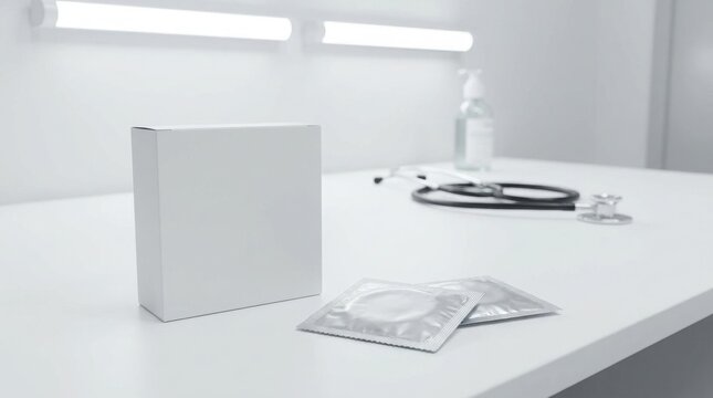 Blank white box and foil condom packets on a white medical desk with stethoscope with surface stethoscope background box sits next next two contraception contraceptive prophylactic relationship
