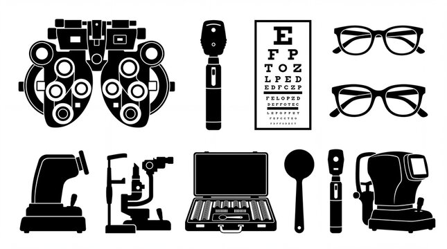 Set of black silhouettes representing professional optometry equipment and eye examination tools on white background with tools presented collection equipment optical ophthalmoscope ophthalmology