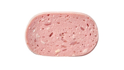 Slice of pink mortadella sausage with visible fat and meat pieces, isolated on transparent background © Sophie