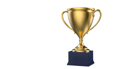 Fototapeta premium Shiny golden trophy with handles on dark blue base, isolated on transparent background