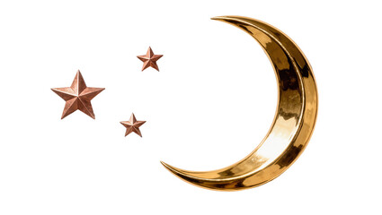 Shiny golden crescent moon and three bronze stars, isolated on transparent background © Sophie