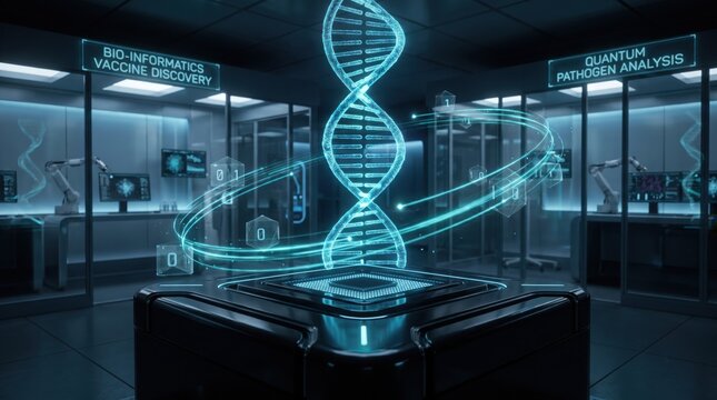 Holographic dna strand floating above a digital platform in a futuristic research laboratory setting with glowing holographic double metallic platform inside structure rotates above double helix