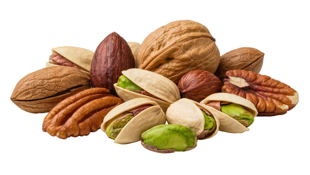 Assorted nuts including walnuts pecans pistachios and hazelnuts, isolated on transparent background