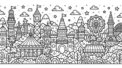 Obraz premium A whimsical black and white illustration of a fantasy cityscape filled with landmarks.