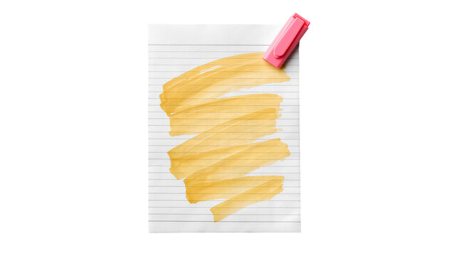 Pink highlighter pen marking yellow strokes on lined paper, isolated on transparent background