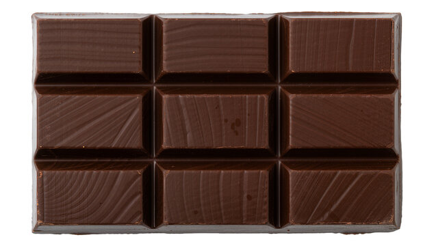 Dark chocolate bar with nine rectangular segments, isolated on transparent background