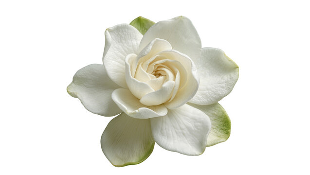 Delicate white gardenia flower with green sepals, isolated on transparent background
