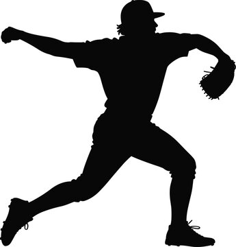 Silhouette of a baseball pitcher throwing a ball, captured in a dynamic athletic pose