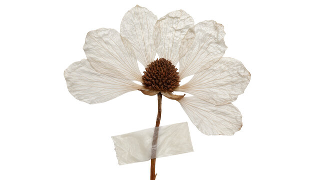 Delicate dried white flower with brown center taped to stem, isolated on transparent background