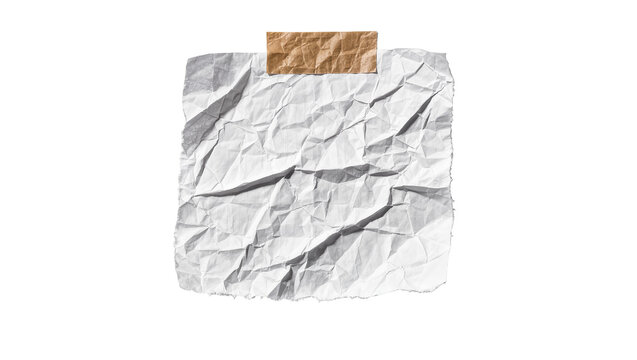 Crumbled white paper note secured with brown tape, isolated on transparent background
